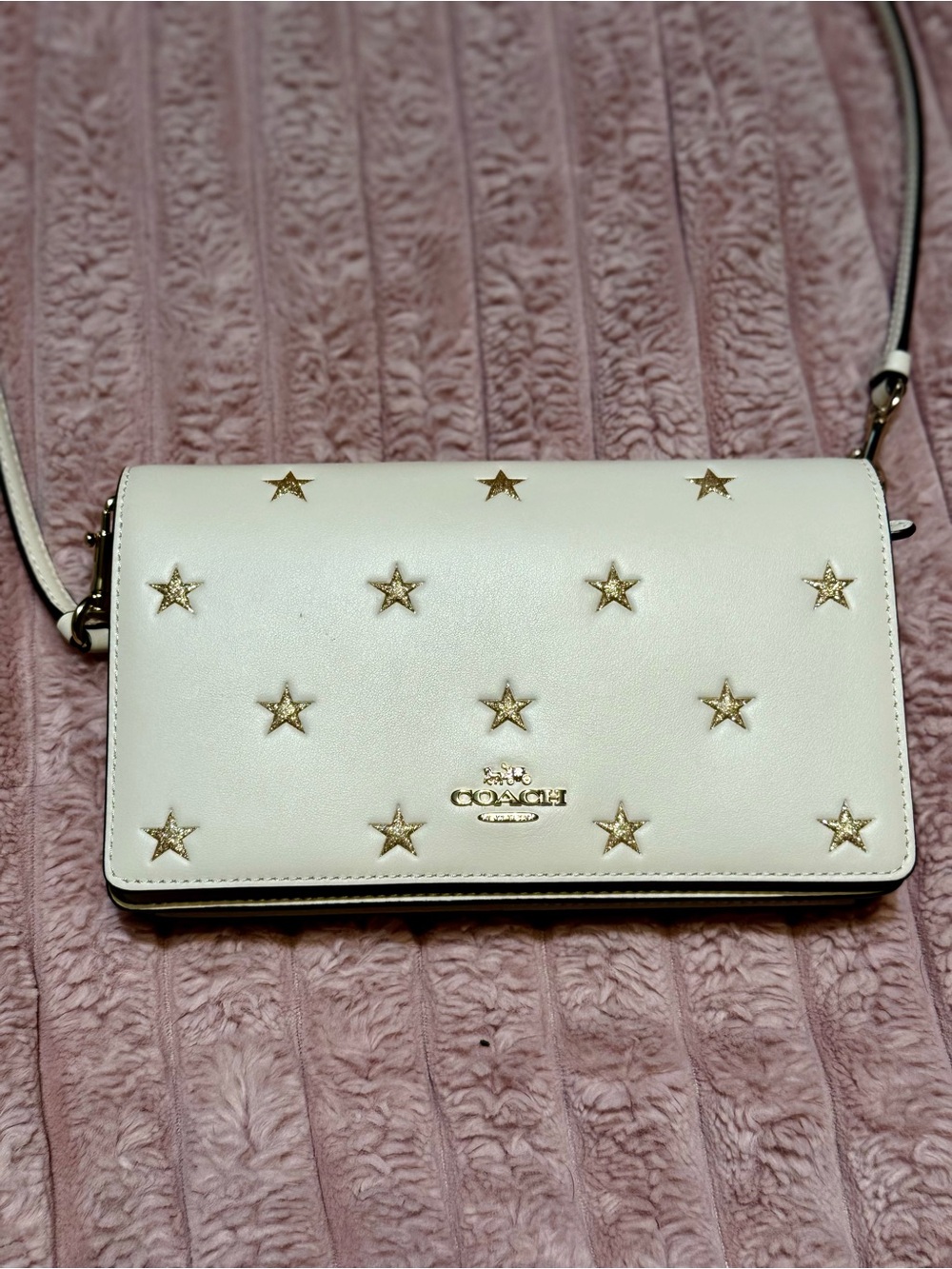 COACH Anna Foldover Crossbody Clutch White Gold Star Embellished Purse + Box
